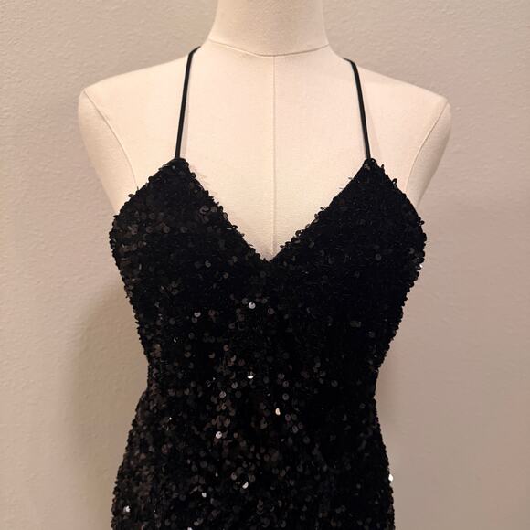 Cefian Black Sequin Mini Dress Size Small Strappy Back Bodycon Party Holiday - Picture 3 of 8